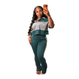 Color blocked lapel short half sleeved top striped micro flared pants two-piece set