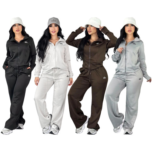 Double pull up stand up collar casual sports suit letter embroidery long sleeved cardigan wide leg pants two-piece set