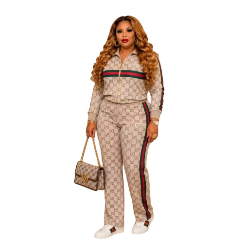 Stand up collar long sleeved cardigan high waist straight leg wide leg pants two-piece casual sports suit