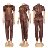 Loose casual sports suit embroidered round neck short sleeved ankle pants two-piece set