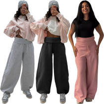High waisted spliced thread adjustable drawstring wide leg casual fleece sweatpants