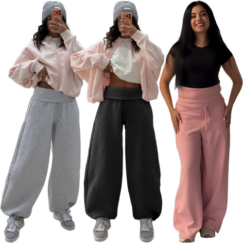 High waisted spliced thread adjustable drawstring wide leg casual fleece sweatpants