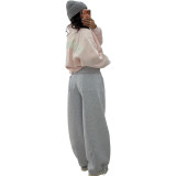 High waisted spliced thread adjustable drawstring wide leg casual fleece sweatpants