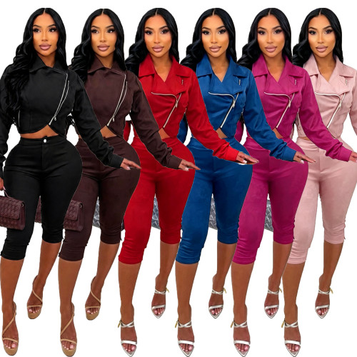 Autumn and winter women's suede jacket, cropped pants, elastic deerskin velvet set