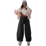 High waisted spliced thread adjustable drawstring wide leg casual fleece sweatpants
