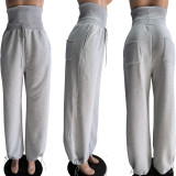 High waisted spliced thread adjustable drawstring wide leg casual fleece sweatpants