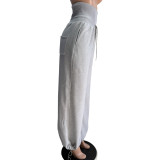 High waisted spliced thread adjustable drawstring wide leg casual fleece sweatpants