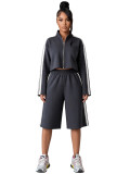 Stand up zipper jacket with contrasting stripes on the sides, two piece set of seven inch wide leg pants