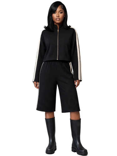 Stand up zipper jacket with contrasting stripes on the sides, two piece set of seven inch wide leg pants