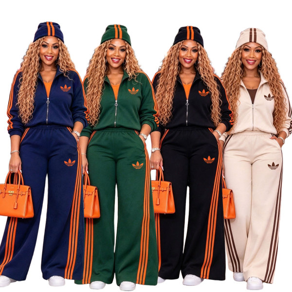 Sports style loose fit slimming embroidery stand up collar zipper jacket wide leg pants two-piece set