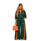 Sports style loose fit slimming embroidery stand up collar zipper jacket wide leg pants two-piece set