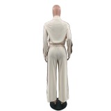 Sports style loose fit slimming embroidery stand up collar zipper jacket wide leg pants two-piece set