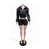 Leather jacket long sleeved hooded elastic shorts set