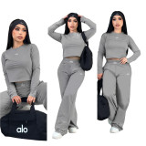 Short slim fit navel exposed long sleeved set with high waist and wide legs, long pants, casual sports two-piece set