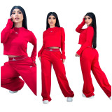 Short slim fit navel exposed long sleeved set with high waist and wide legs, long pants, casual sports two-piece set
