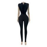 Hanging neck, fur collar, pit stripe, sexy deep V slim fit, backless strap, tight fitting jumpsuit