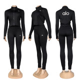 Naked high elasticity slim yoga suit set, stand up collar zipper jacket, high waist tight fitting and hip lifting two-piece set