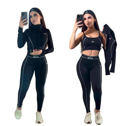 Fashion yoga suit vest zipper three piece set high elasticity tight fitting stand collar sports suit