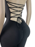 Hanging neck, fur collar, pit stripe, sexy deep V slim fit, backless strap, tight fitting jumpsuit