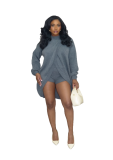 Autumn and Winter Knitted Stacked Sleeve Women's Solid Color Round Neck Cross Shorts Set