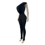 Hanging neck, fur collar, pit stripe, sexy deep V slim fit, backless strap, tight fitting jumpsuit