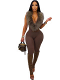 Hanging neck, fur collar, pit stripe, sexy deep V slim fit, backless strap, tight fitting jumpsuit