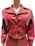 Retro collar PU leather motorcycle jacket with cropped pants set