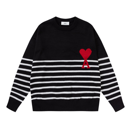 AMI Logo Stripe Print Crewneck Hoodie Black