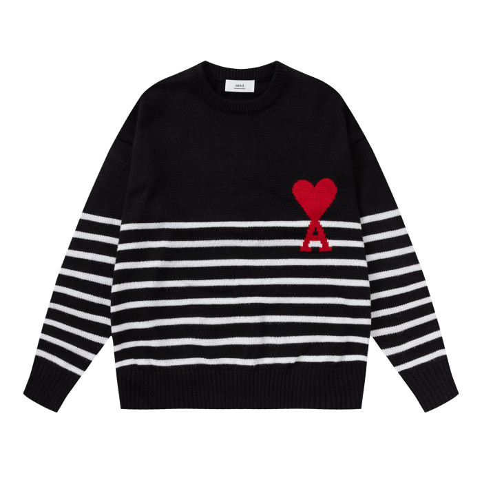 AMI Logo Stripe Print Crewneck Hoodie Black