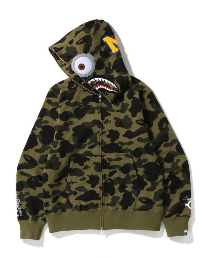 A Bathing Ape X Minions 1st Camo Minions Shark Full Zip Hoodie In Amry Green
