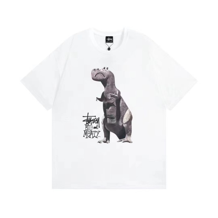 STUSSY Dinosaur Print Crew-neck Tee In White