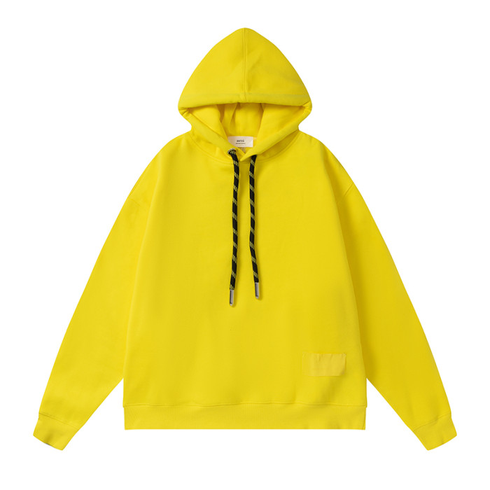 AMI  Solid Color Striped Drawstring Hoodie Yellow