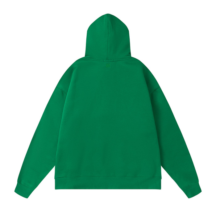 AMI  Solid Color Striped Drawstring Hoodie Dark Green