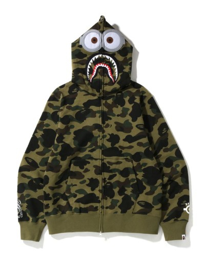A Bathing Ape X Minions 1st Camo Minions Shark Full Zip Hoodie In Amry Green