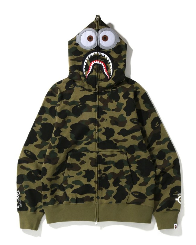 A Bathing Ape X Minions 1st Camo Minions Shark Full Zip Hoodie In Amry Green