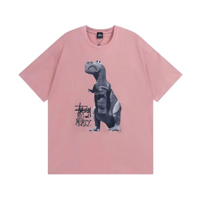 STUSSY Dinosaur Print Crew-neck Tee In Pink