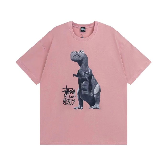 STUSSY Dinosaur Print Crew-neck Tee In Pink
