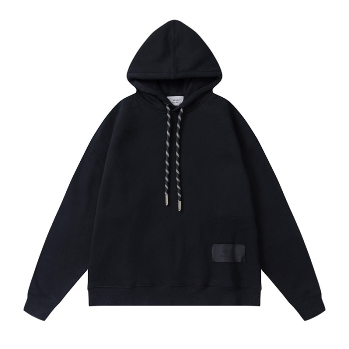 AMI  Solid Color Striped Drawstring Hoodie Black