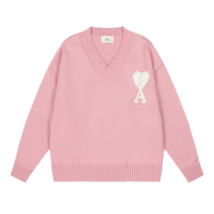 AMI Big Logo V Neck Sweater Pink