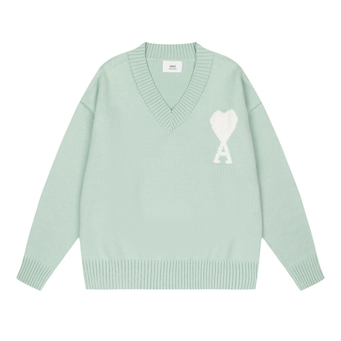 AMI Big Logo V Neck Sweater Mint Green