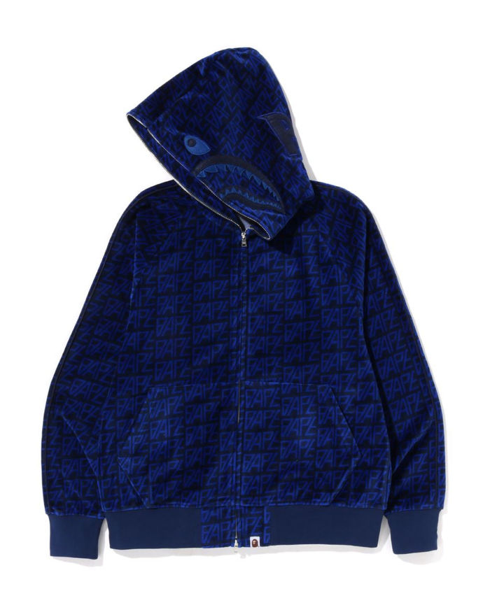 A Bathing Ape Logo Monogram Velour Shark Full Zip Hoodie In Navy Blue
