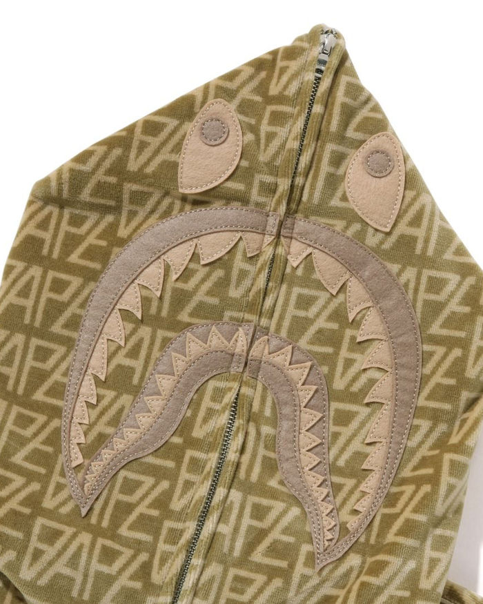 A Bathing Ape Logo Monogram Velour Shark Full Zip Hoodie In Beige