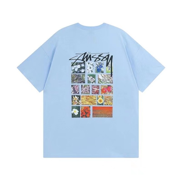 STUSSY Flower Grid Pigment Dyed Tee In Blue