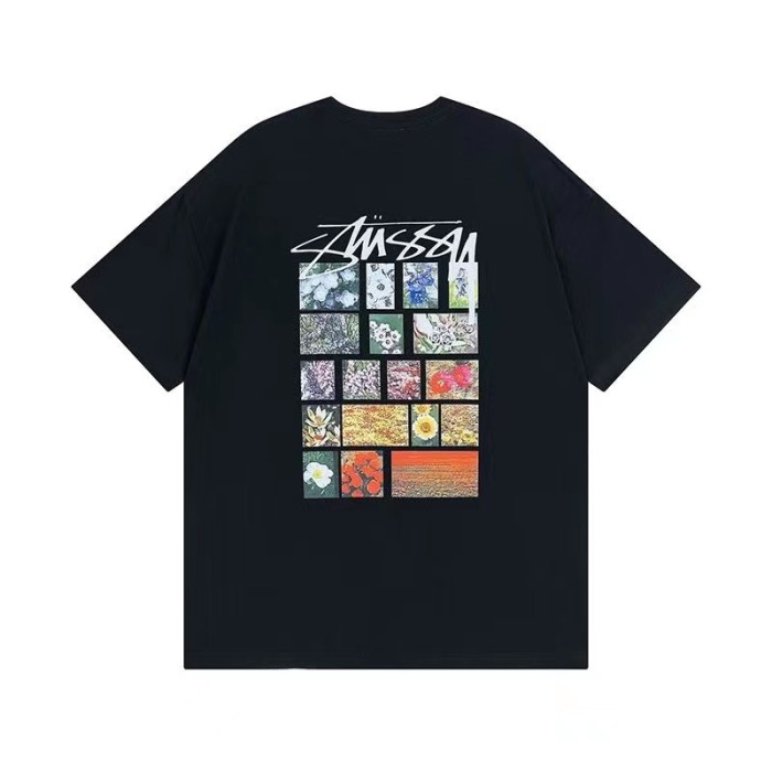 STUSSY Flower Grid Pigment Dyed Tee In Black