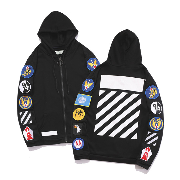 Off-White stripe badge zipper hooded cardigan sweatshirt black