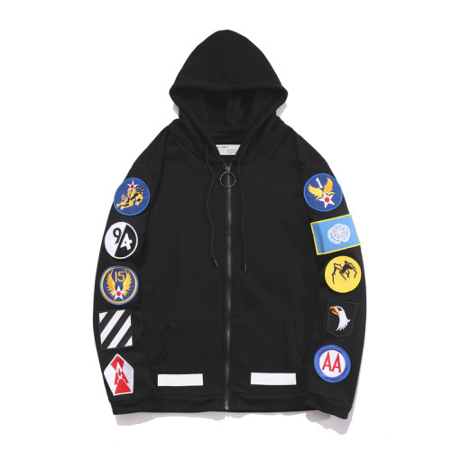 Off-White stripe badge zipper hooded cardigan sweatshirt black