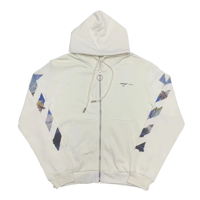 Off-White oil painting arrow zipper hooded cardigan sweatshirt beige