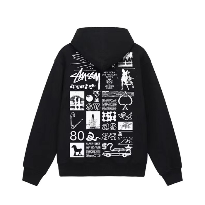 STUSSY COLLECTION OF ELEMENTS PRINT ZIPPER HOODIE BLACK