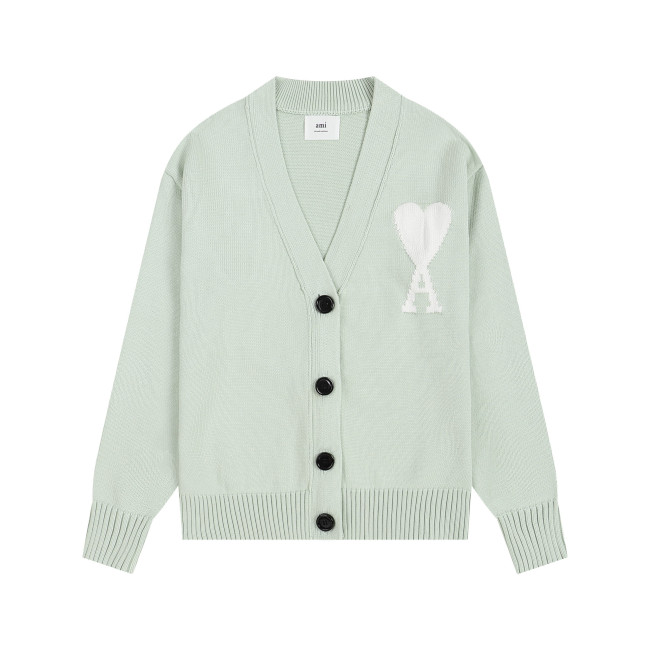 AMI Big Logo V-neck Button Sweater Ligth Green