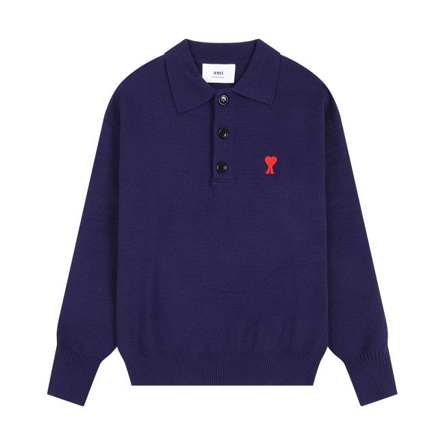 AMI Small Logo Button Polo Sweatshirt Blue